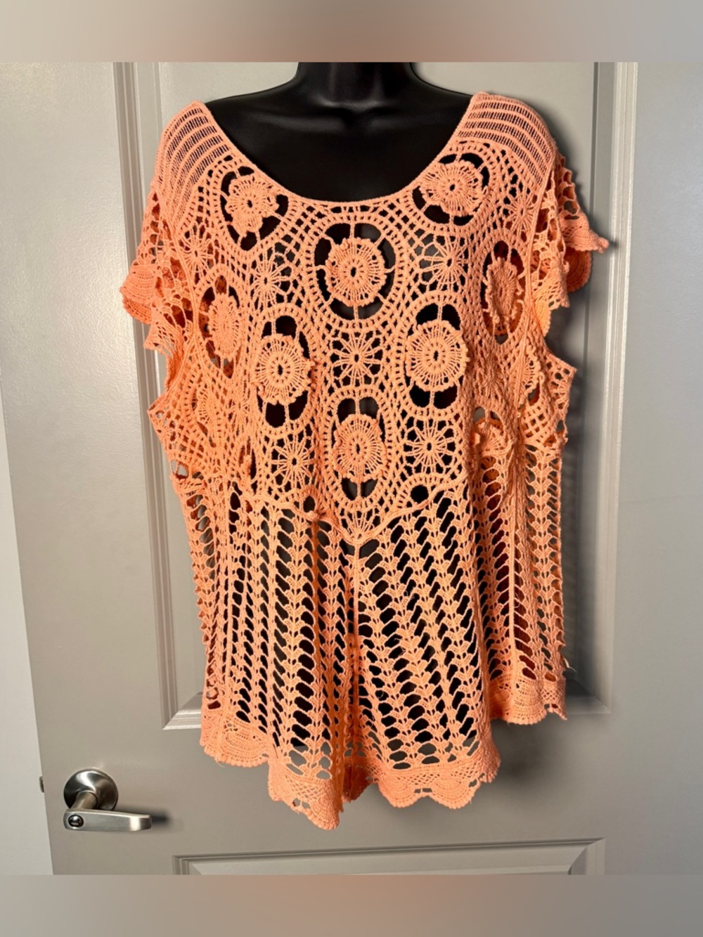 Peach Coral Crochet Top Cotton Beach Cover Festival Boho M/L - Picture 2 of 4